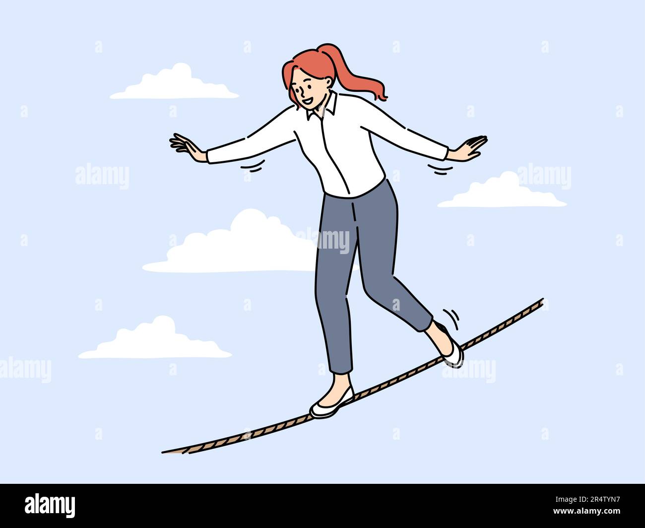 Femme d'affaires souriante marchant sur une corde fine dans l'air. Solde des employés féminins en ligne impliqués dans des affaires risquées et dangereuses. Illustration vectorielle. Illustration de Vecteur