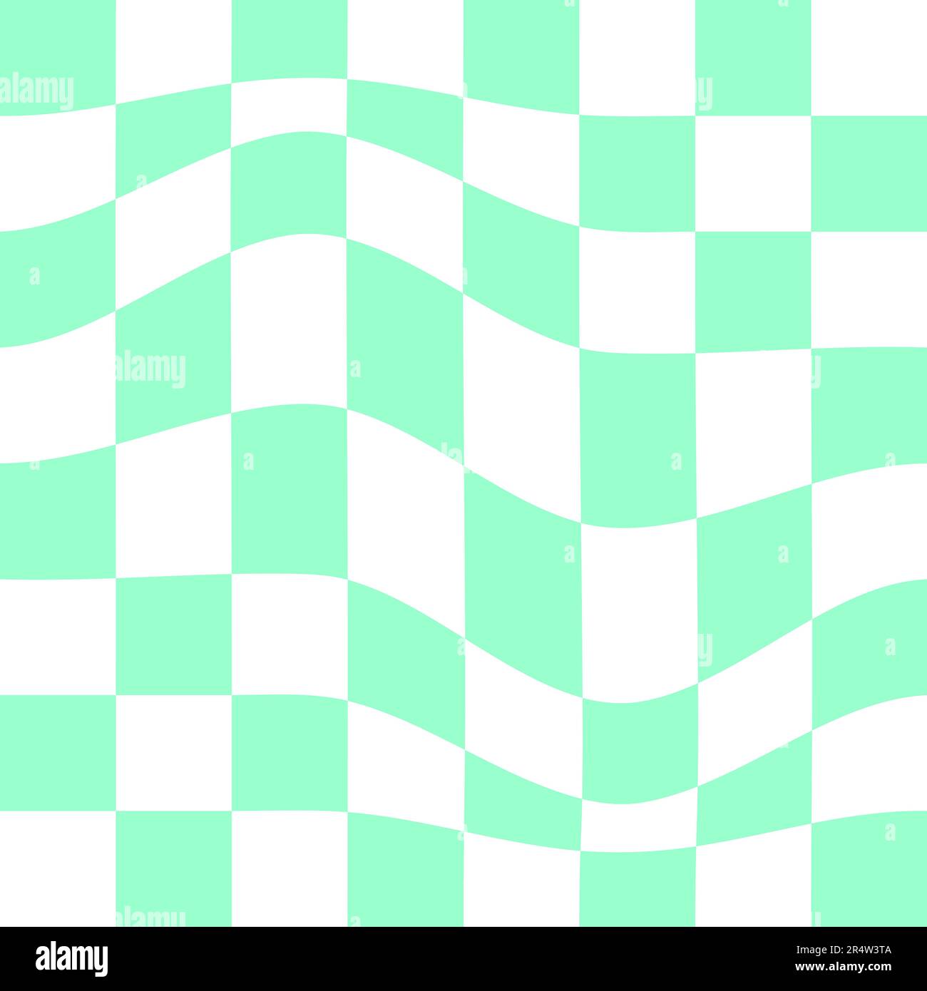 Texture de l'échiquier déformée. Illusion optique à carreaux. Motif psychédélique étourdi avec carrés verts et blancs déformés. Trippy damier Illustration de Vecteur