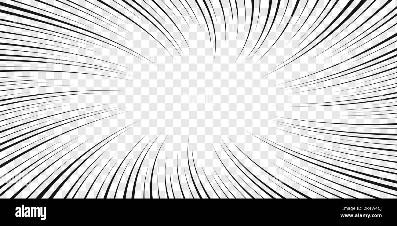 Lignes noires radiales vortex sur fond transparent. Conception de page de livre de Manga. Attention comique, impact, surprise, splash, boom, explosion, puissance, mouvement Illustration de Vecteur