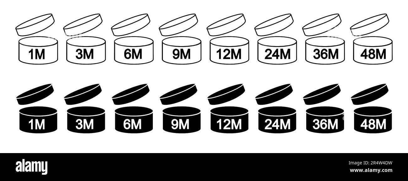 Pack d'icônes PAO. Période après l'ouverture des panneaux. Récipients avec couvercles ouverts et numéros de mois. Temps de fraîcheur du produit. Étiquettes de validité cosmétiques, shampooings, maquillage Illustration de Vecteur