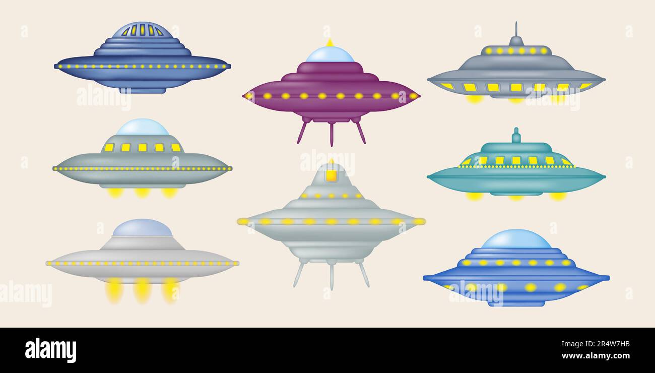 Ensemble de fantastiques vaisseaux spatiaux 3D. Véhicule de voyage spatial extraterrestre OVNI. Illustration vectorielle. Illustration de Vecteur