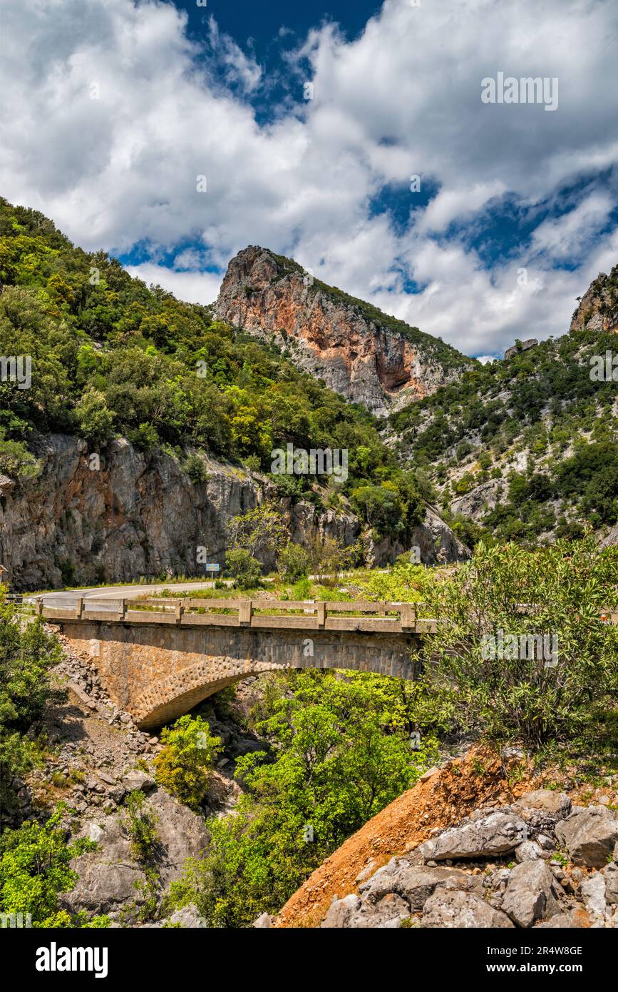 Giofyri tis Helonas, pont dans le canyon de la rivière Agiorgitiko, près du monastère d'Elonas, à l'ouest de Leonidio, région d'Arcadia, région du Péloponnèse, Grèce Banque D'Images