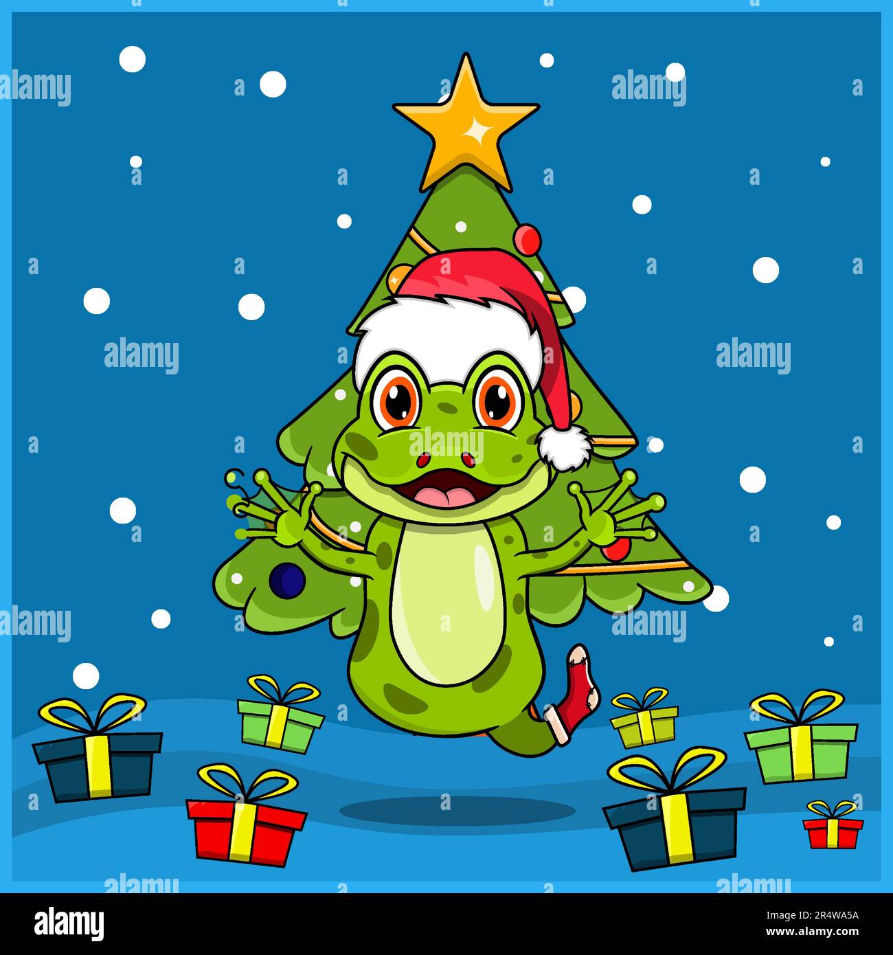 Joli Noël animal avec motif grenouille, avec chaussettes et chapeau de Noël. Arrière-plan Woodland. Parfait pour l'arrière-plan, la carte de vœux, l'étiquette et Illustration de Vecteur