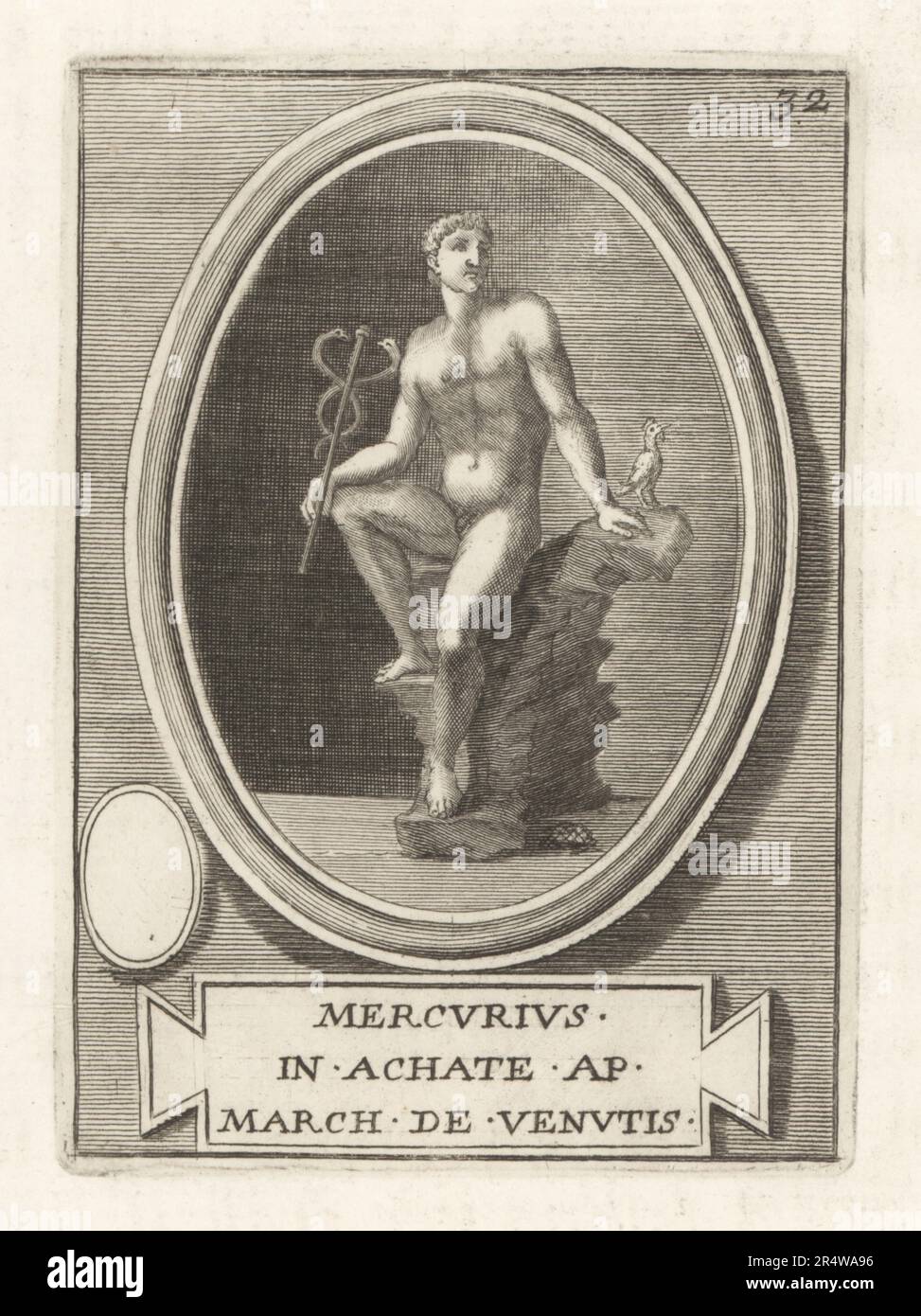 Dieu romain Mercure avec caduceus et coq. Dans la religion étrusque, messager dieu et dieu de commerce Turms. Mercure romain, Hermes grec. D'un joyau agé gravé. Merculius à Acate ap March. De Venutis. Gravure de plaques de cuivre de Francesco Valesio, Antonio Gori et Ridolfino Venuti’s Academia Etrusca, Musée Cortonense in quo Vetera Monumenta, (Académie étrusque ou Musée de Cortona), Faustus Amideus, Rome, 1750. Banque D'Images