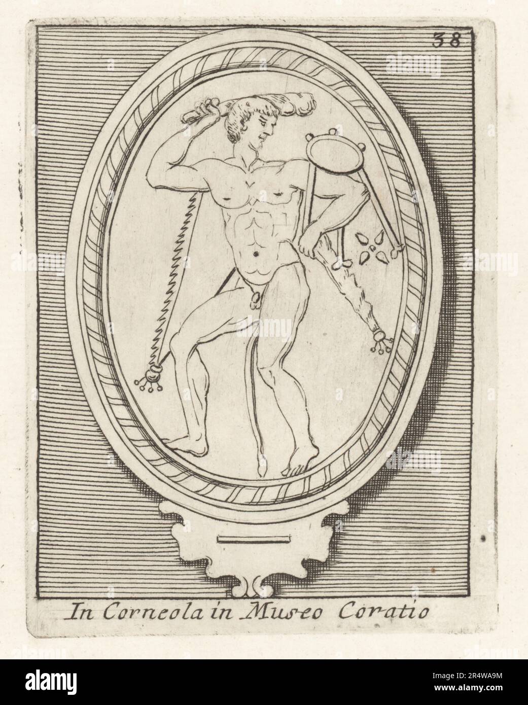 Héros grec Heracles prenant le trépied Delphic. Il tient son club au-dessus de sa tête et porte la peau de lionskin Nemean. D'un bijou cornélien gravé. Hercules Tripodem Auferens à Corneola dans le Museo Coratio. Gravure de plaques de cuivre de Francesco Valesio, Antonio Gori et Ridolfino Venuti’s Academia Etrusca, Musée Cortonense in quo Vetera Monumenta, (Académie étrusque ou Musée de Cortona), Faustus Amideus, Rome, 1750. Banque D'Images