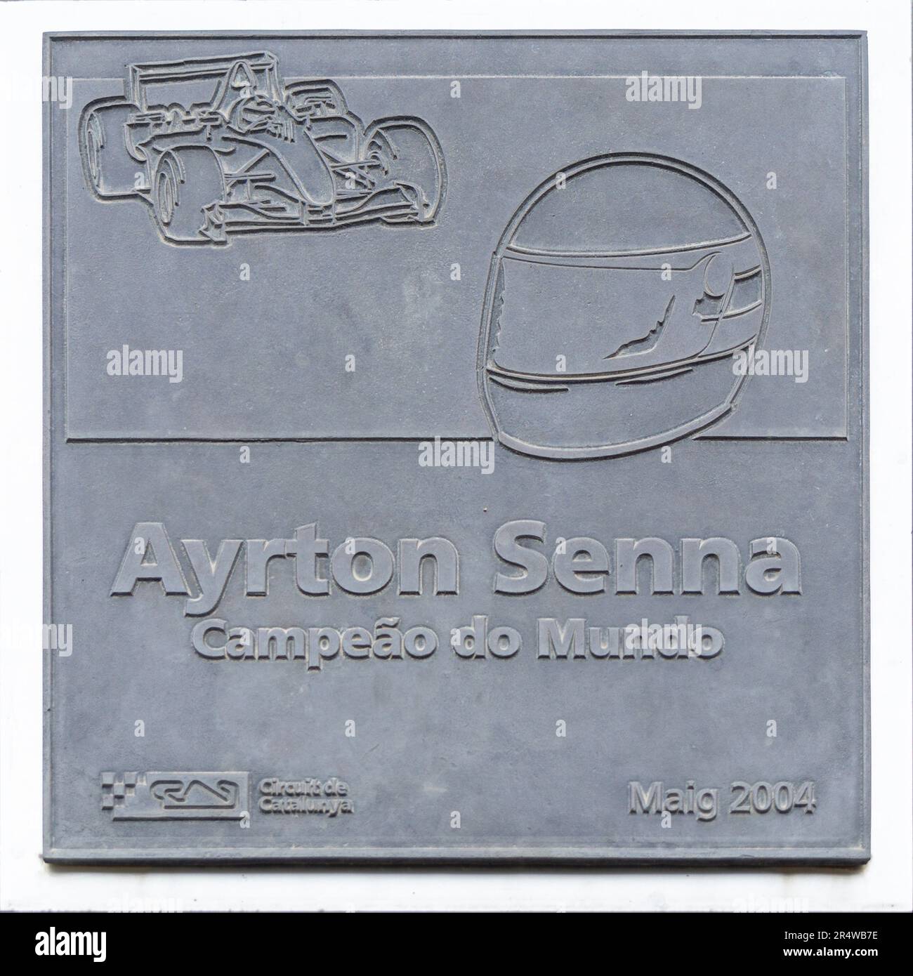 MONTMELLO, ESPAGNE-4 JUIN 2021: Plaque commémorative à Ayrton Senna sur le circuit de Barcelone-Catalunya Banque D'Images