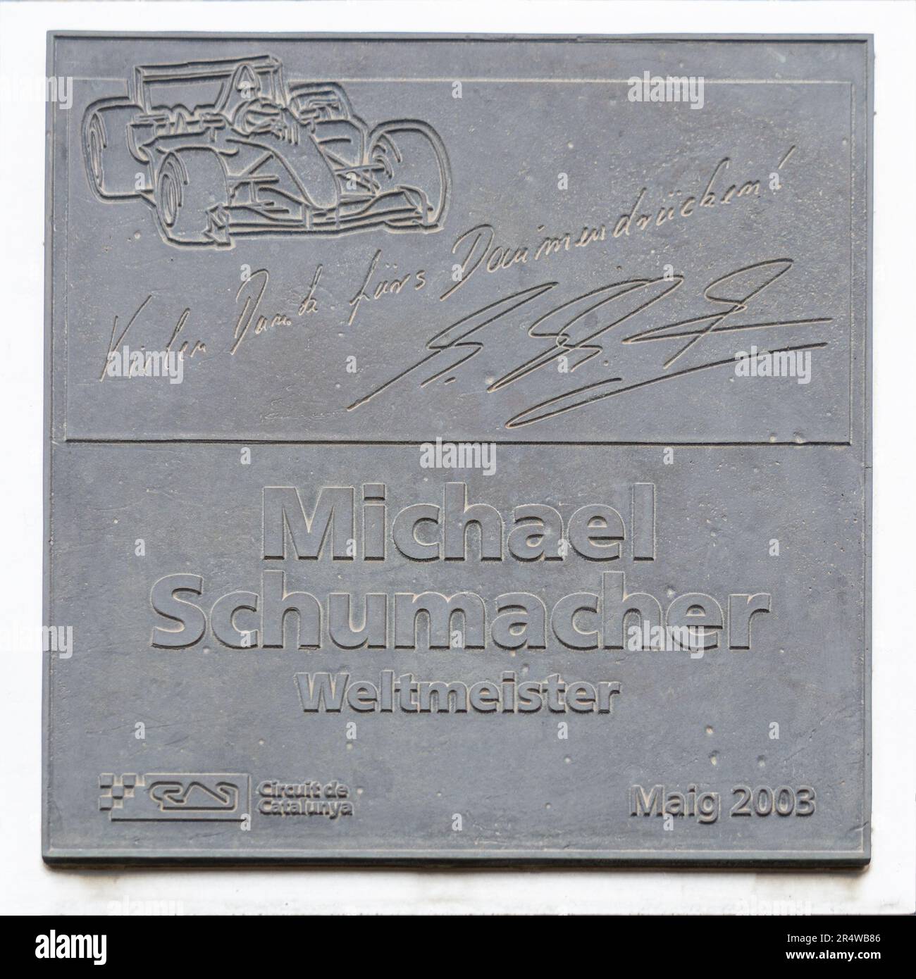 MONTMELLO, ESPAGNE-4 JUIN 2021 : plaque commémorative de Michael Schumacher au circuit de Barcelone-Catalunya Banque D'Images