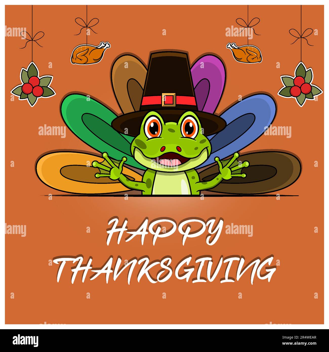 Carte de voeux, affiche ou prospectus joyeux de Thanksgiving avec personnage grenouille. Vecteur et illustration. Illustration de Vecteur