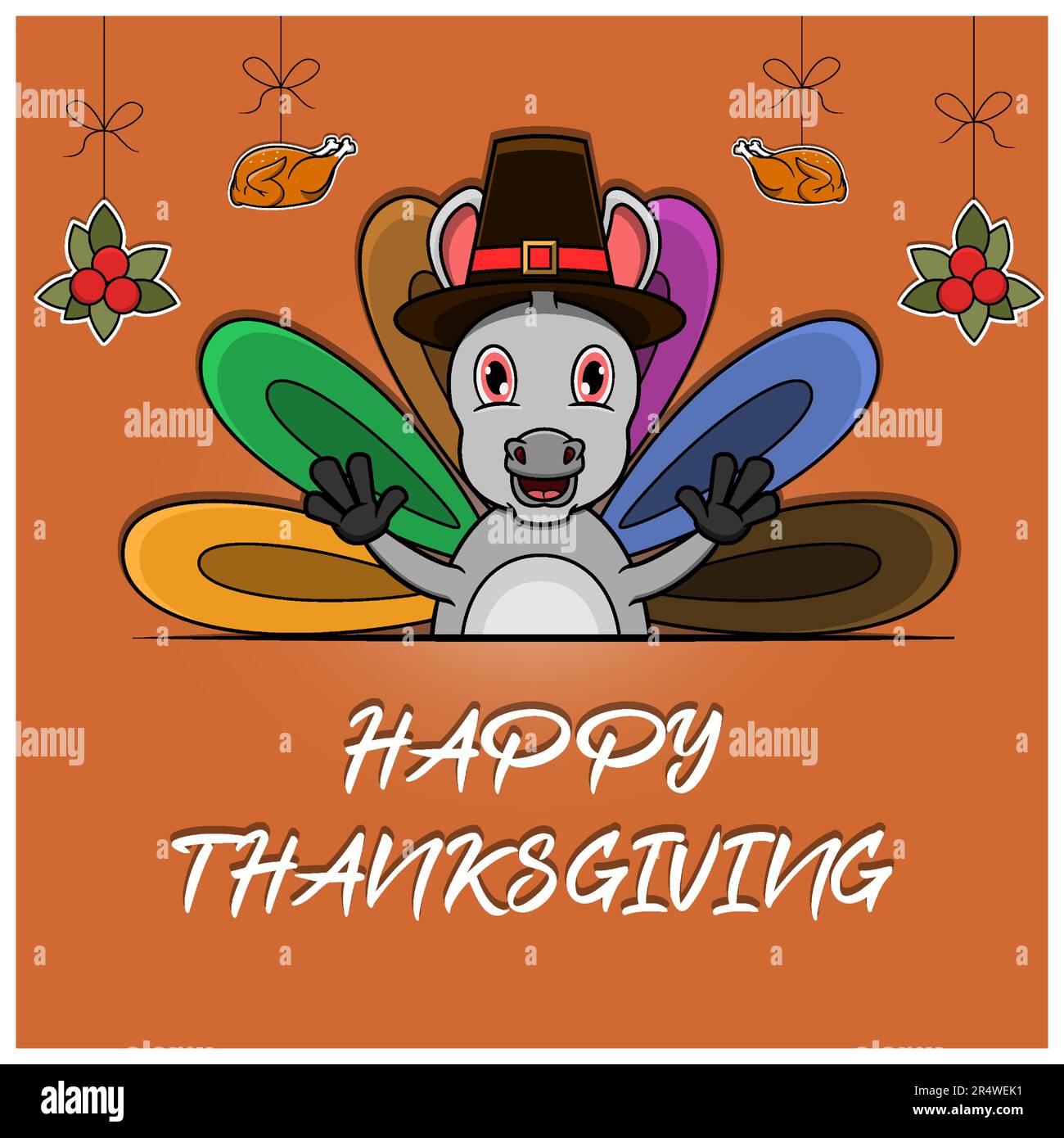 Carte de vœux, affiche ou prospectus de fête de Thanksgiving avec personnage de Donkey. Vecteur et illustration. Illustration de Vecteur