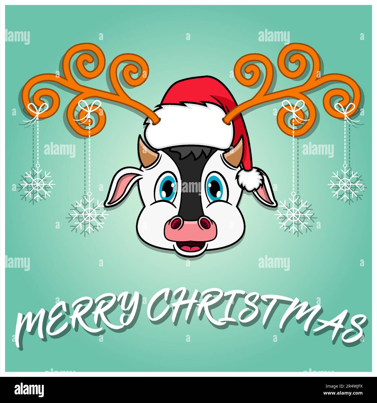 Carte de Noël à motif dessin animé mignon et motif tête de vache. Porter un chapeau et Noël drôle. Vecteur et illustration. Illustration de Vecteur