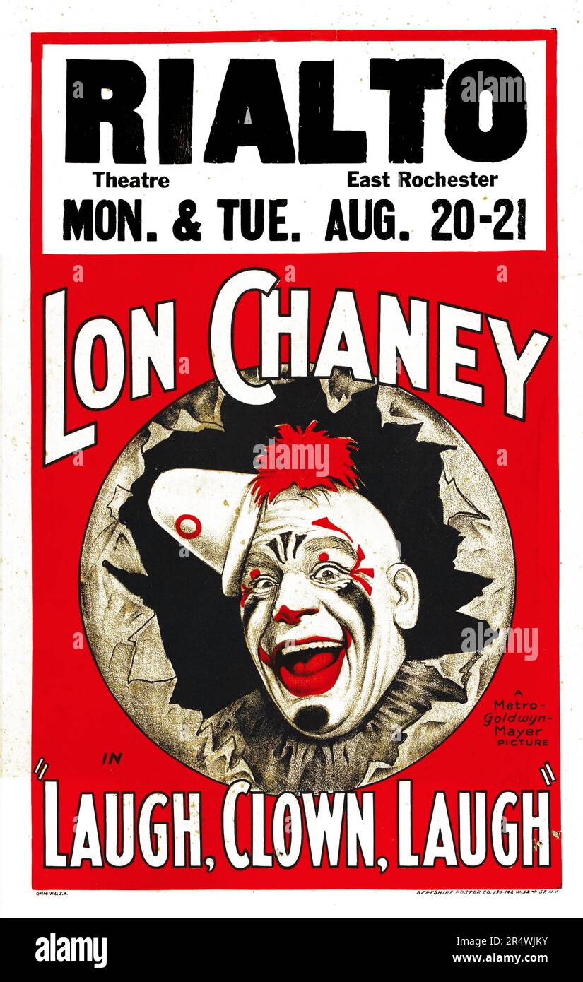 Laugh, clown, Laugh est un film muet de 1928 avec Lon Chaney et Loretta Young. Le film a été réalisé par Herbert Brenon et produit par MGM Studios. Il est basé sur la scène de Broadway 1923 production du même nom. Banque D'Images