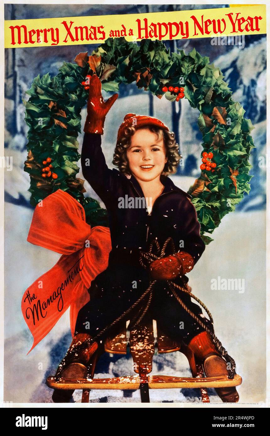 Shirley Temple affiche de Noël à partir de 1934. Shirley Temple est une actrice américaine, chanteuse, danseuse et fonctionnaire, le plus célèbre comme une enfant star dans les années 1930. Banque D'Images