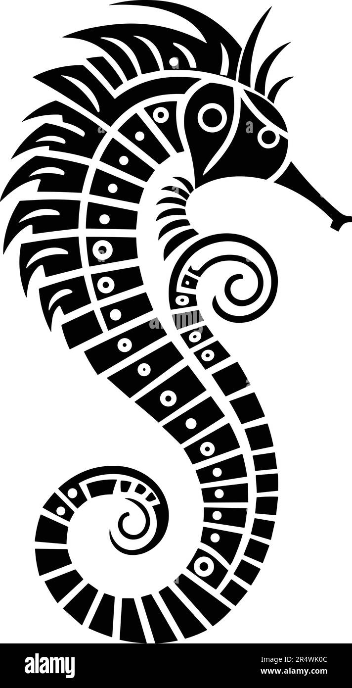 Motif tattoo tribal de cheval de mer maori avec éléments ethniques tribaux polynésiens, vecteur noir et blanc de cheval de mer isolé sur fond blanc Illustration de Vecteur