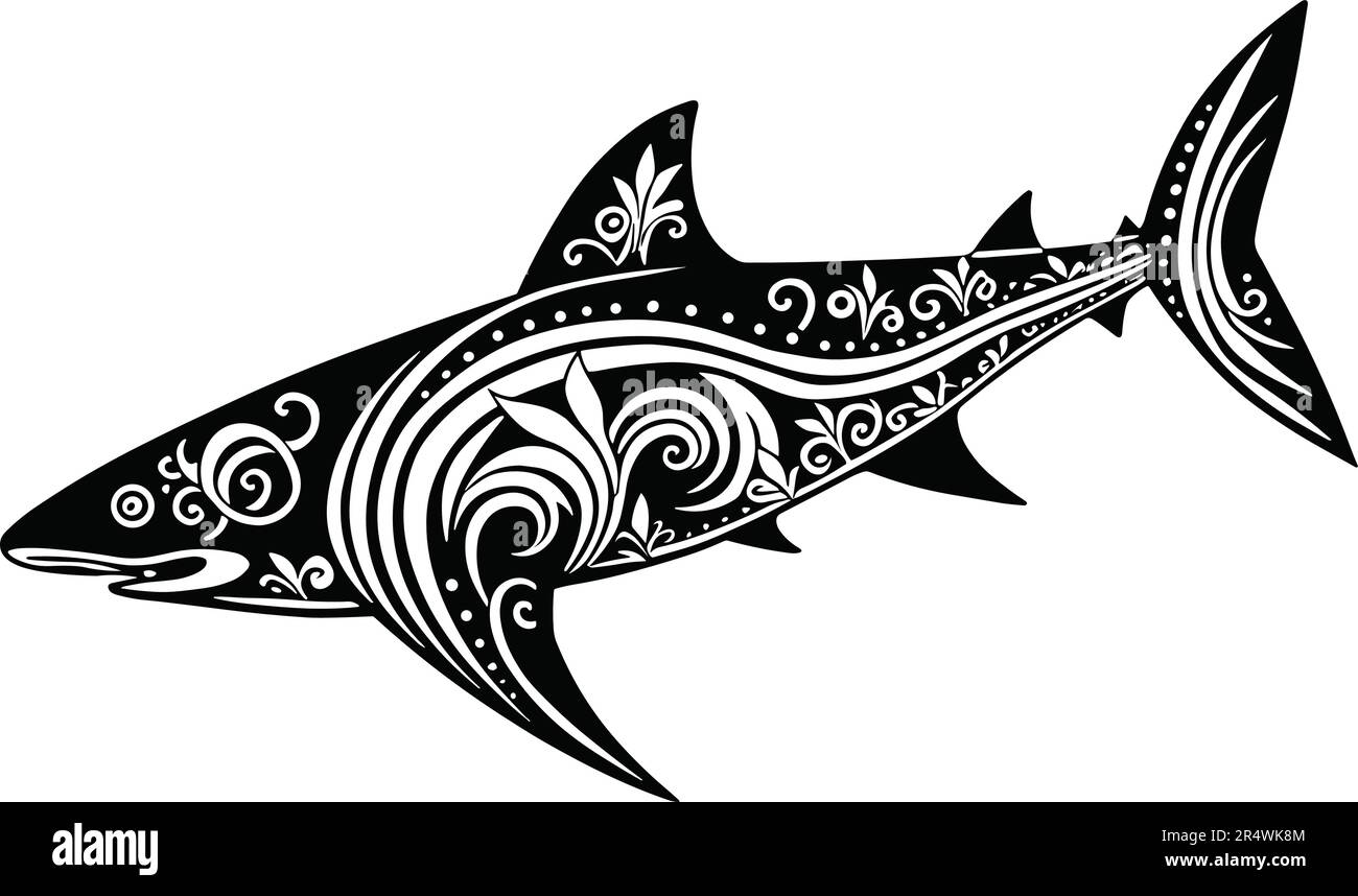 Tatouage de style maori tribal de requin avec éléments ethniques tribaux polynésiens, vecteur noir et blanc isolé sur fond blanc Illustration de Vecteur