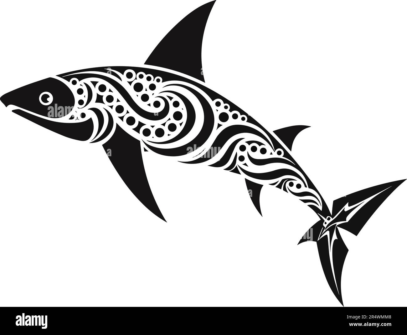 Tatouage de style maori tribal de requin avec éléments ethniques tribaux polynésiens, vecteur noir et blanc isolé sur fond blanc Illustration de Vecteur