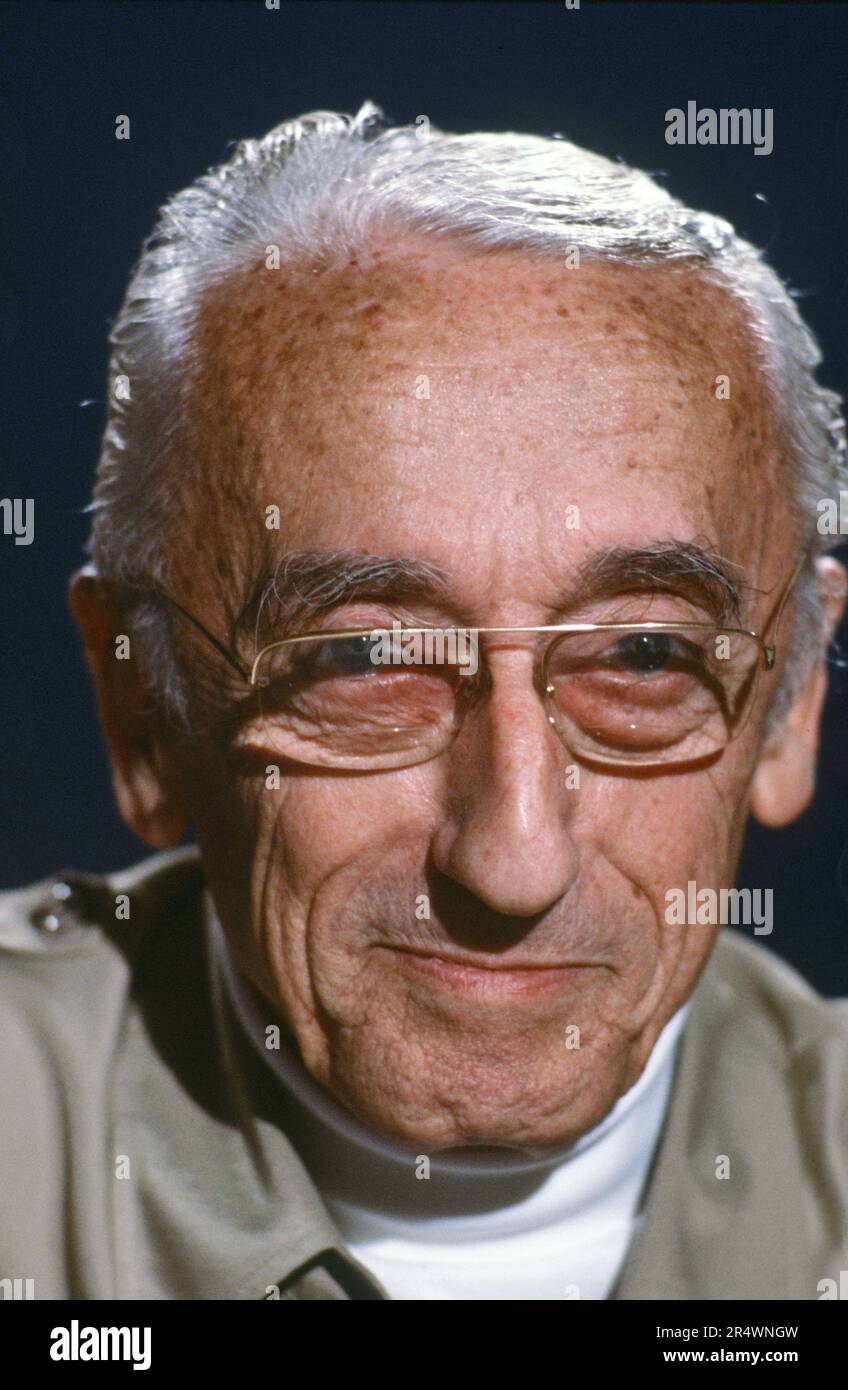 Portrait de l'explorateur océanographique français Jacques-Yves Cousteau, invité à l'émission de télévision '7 sur 7', présenté alternativement par Jean Lanzi et Anne Sinclair. 10 septembre 1984 Banque D'Images