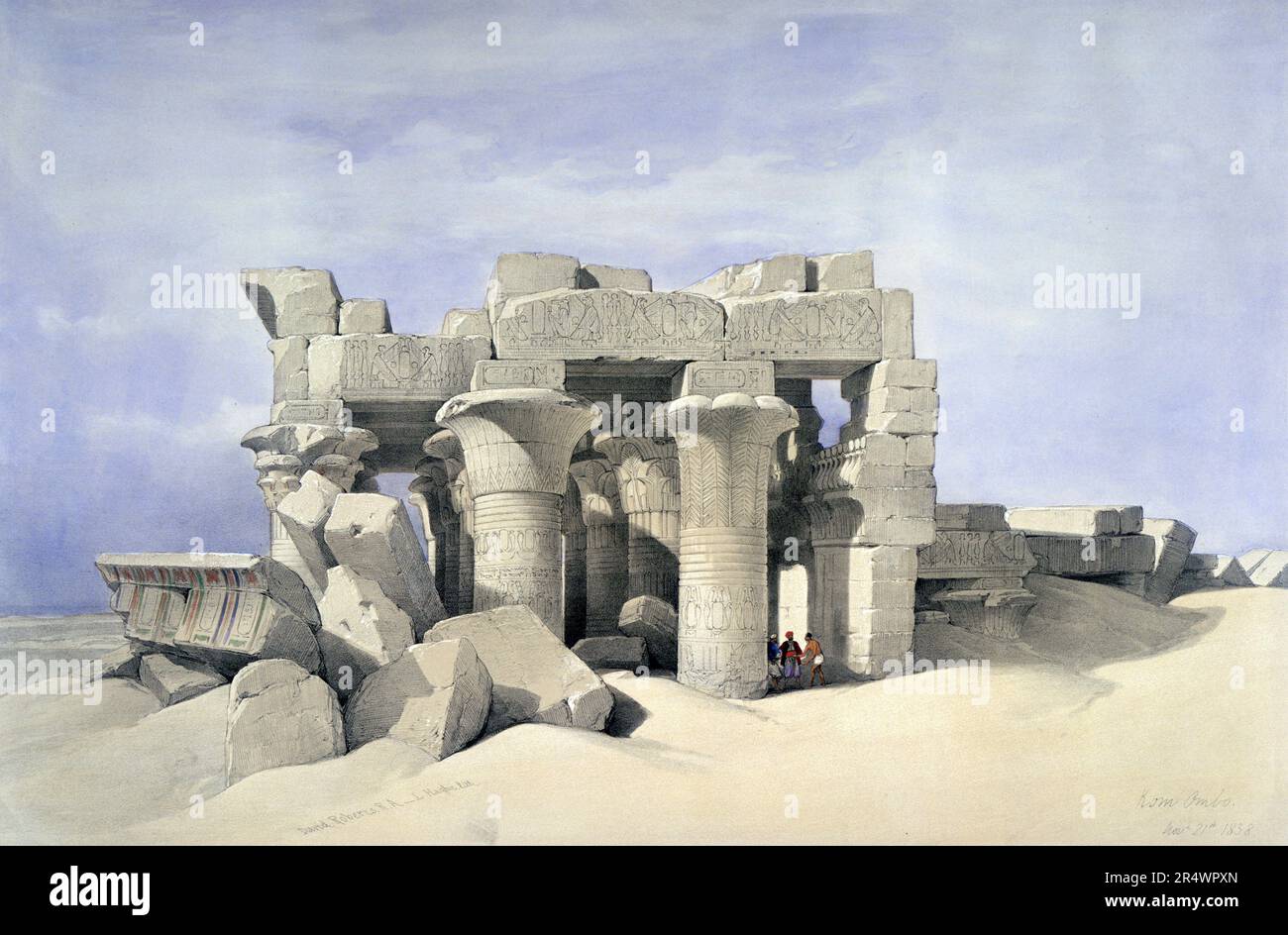 KOM Ombo', novembre 1838. Lithographie de 1856 après David Roberts (1796-1864) artiste et orientaliste écossais. Temple sur le Nil 30 miles au nord d'Assouan, Egypte, construit 332 BC-395 AD. Dédié à Sobek et Horus. Religion Mytholgy Banque D'Images