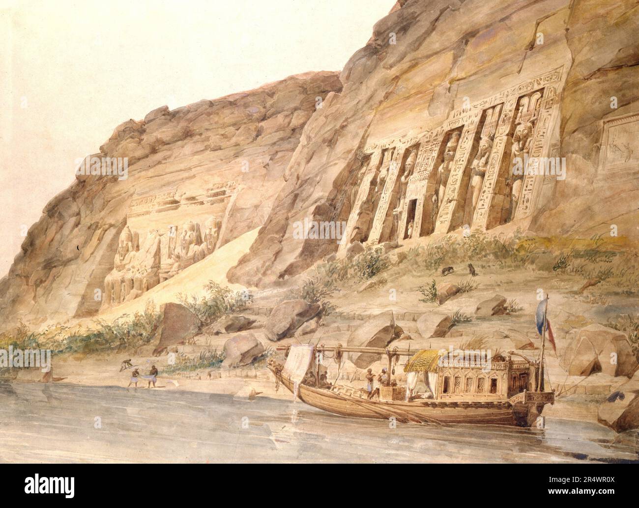 Abu Simbel vue du Nil. Aquarelle par Hector Horeau (1801-1872) architecte français. Le plus proche est Temple of Hathor. Les plus éloignés sont des statues de Ramsès II (réglée c1304-C1273 av. J.-C.) à l'extérieur du temple principal. Archéologie Péniche égyptienne Banque D'Images