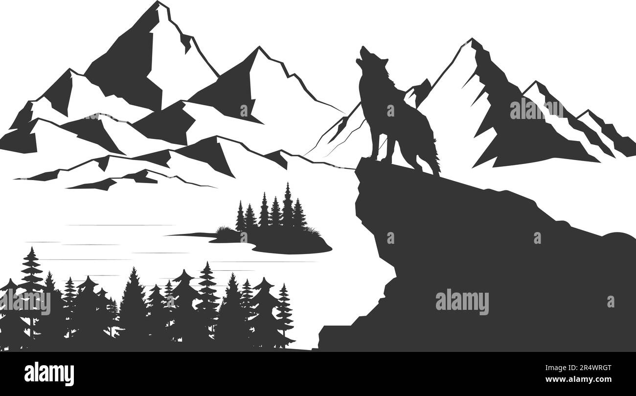 Wolf howls la lune par le lac au paysage de montagne et forêt illustration vecteur EPS10 Illustration de Vecteur
