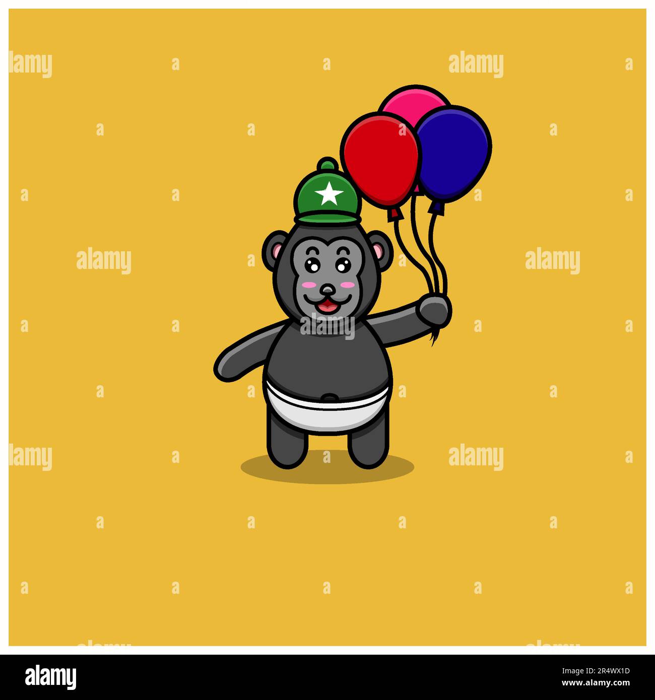 Mignon bébé King Kong apportez des ballons. Personnage, mascotte, icône, logo, dessin animé et dessin mignon. Vecteur et illustration. Illustration de Vecteur