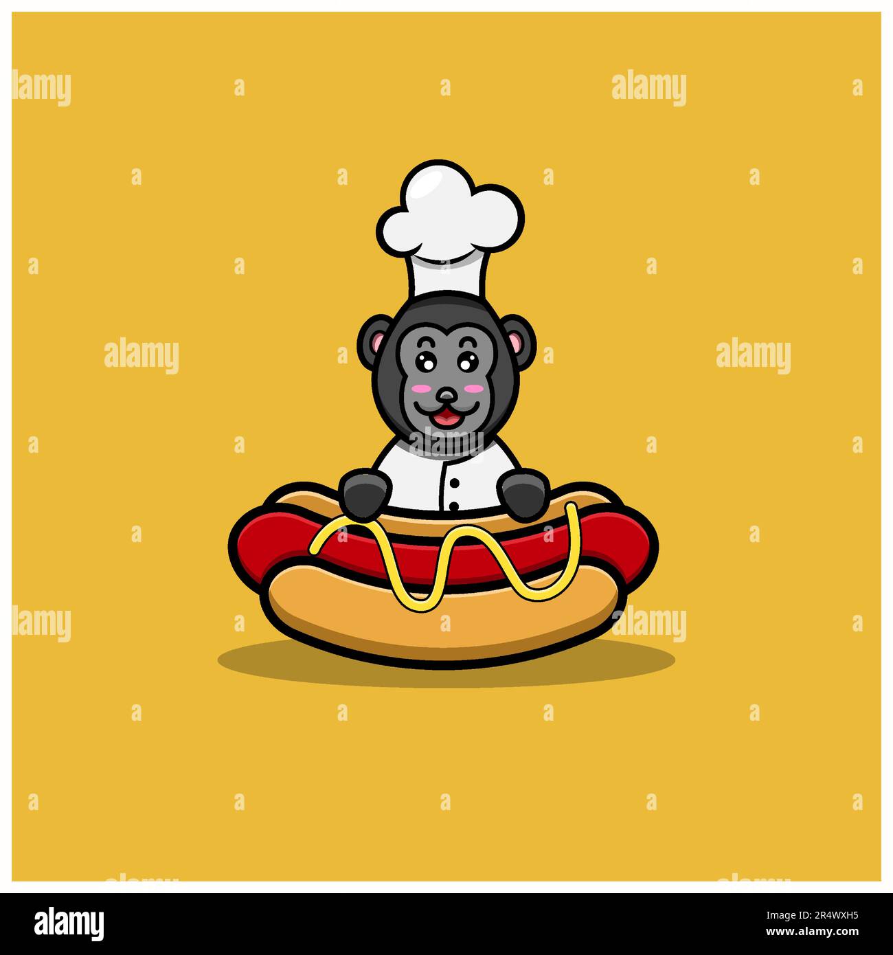 Adorable chef King Kong sur Hot Dog. Personnage, mascotte, icône, logo, dessin animé et dessin mignon. Vecteur et illustration. Illustration de Vecteur