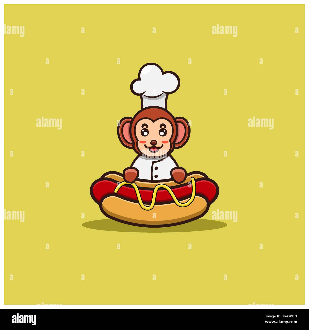 Adorable chef singe bébé sur Hot Dog. Personnage, mascotte, logo, dessin animé, icône, Et un joli motif. Vecteur et illustration. Illustration de Vecteur