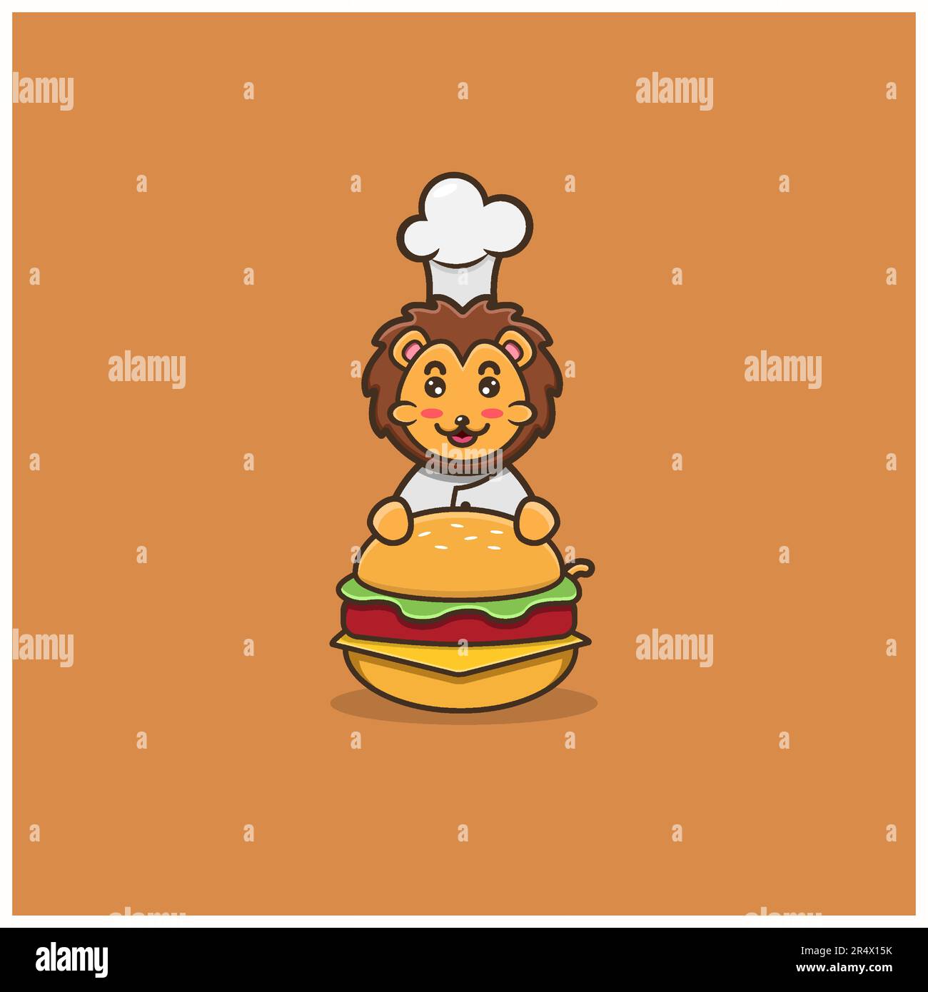 Mignon Chef Lion sur Burger. Personnage, mascotte, icône, logo, dessin animé et dessin mignon. Vecteur et illustration. Illustration de Vecteur