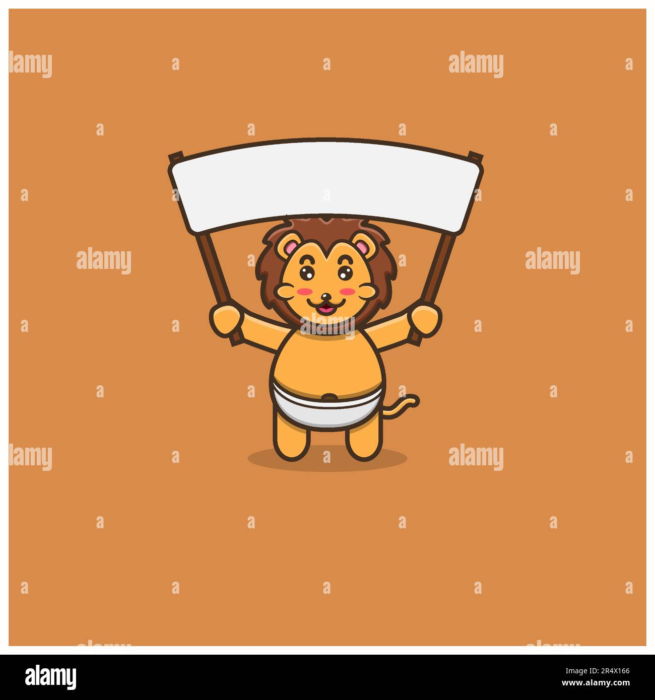 Bannière vierge à apporter à un adorable lion. Personnage, mascotte, icône, logo, dessin animé et dessin mignon. Vecteur et illustration. Illustration de Vecteur