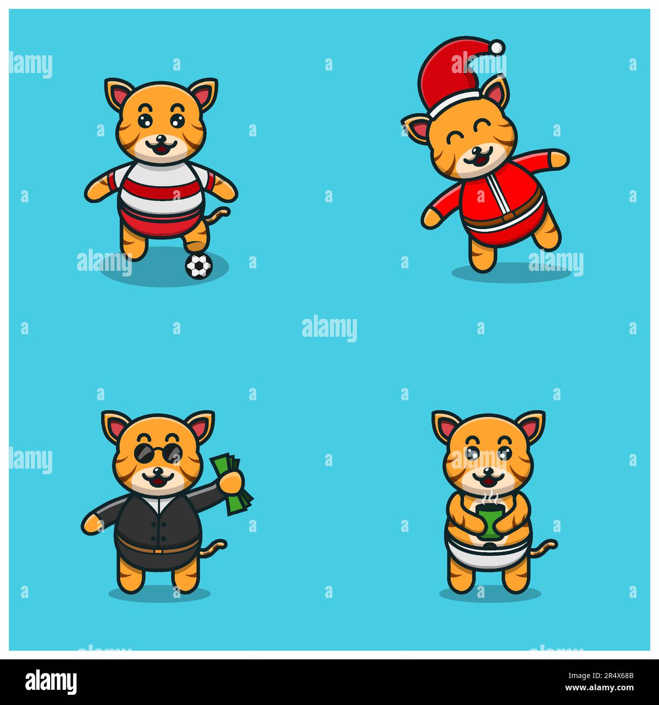 Ensemble de mignonne de tigre de bébé avec diverses poses. Football, Noël, Boss and Bring Tea Cup. Vecteur et illustration. Illustration de Vecteur