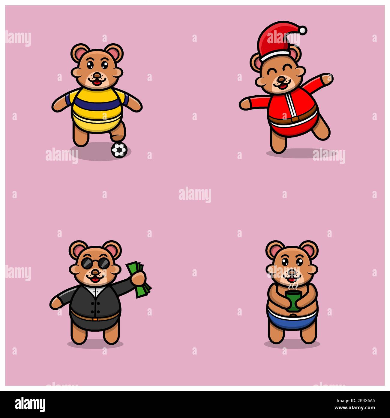 Ensemble de mignon personnage de l'ours de bébé avec diverses poses. Football, Noël, Boss and Bring Tea Cup. Vecteur et illustration. Illustration de Vecteur