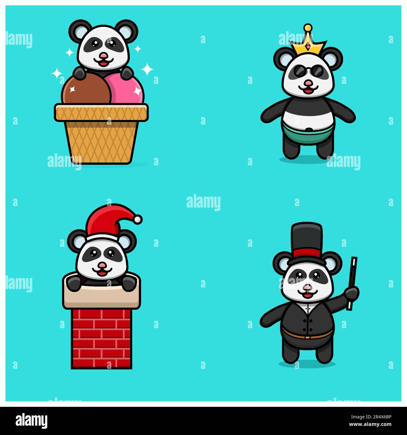 Ensemble de mignonne de panda de bébé avec diverses poses. Sur la glace, la Chinmey, portant la couronne et le costume de Magicien. Vecteur et illustration. Illustration de Vecteur