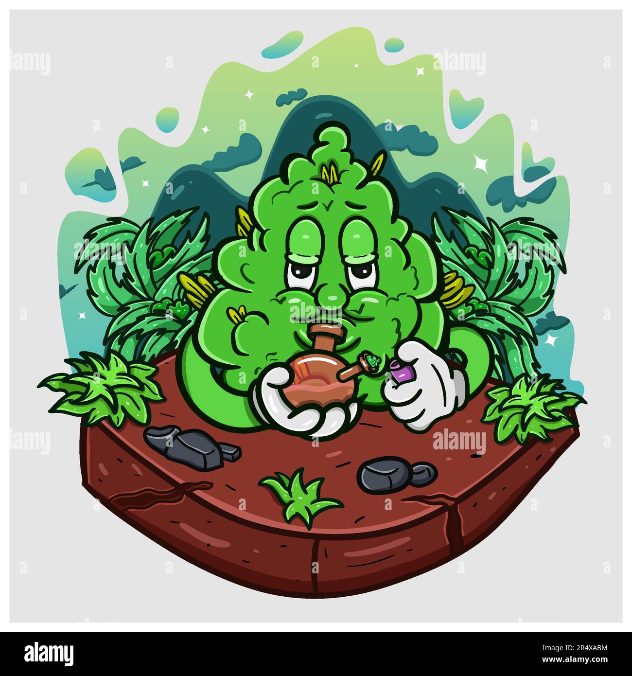 Caricature mascotte de Weed Bud avec Smoking Glass Bong dans la forêt de Cannabis. Vecteur et illustration Illustration de Vecteur