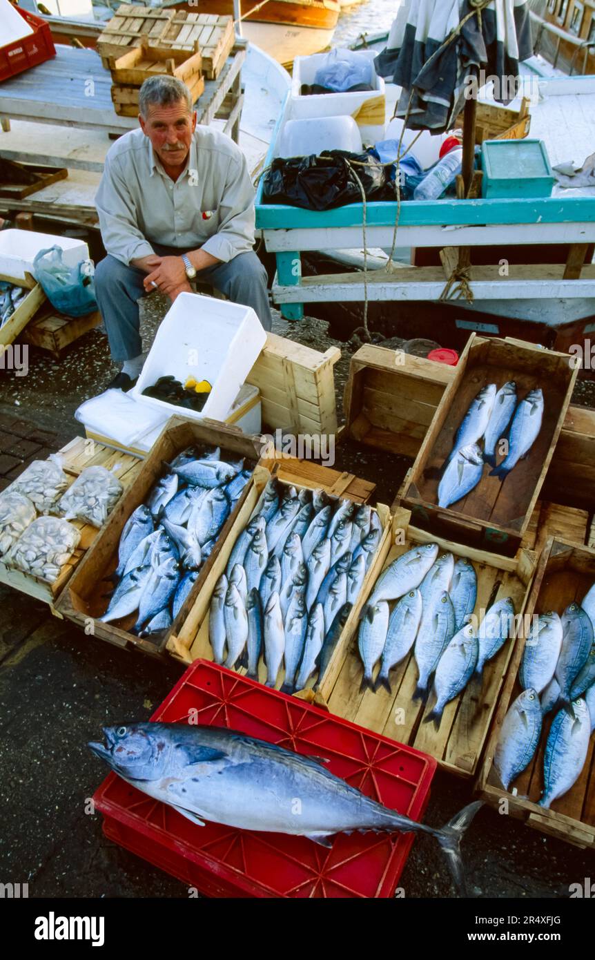 Poisson local exposé à la vente dans un marché en plein air ; Bodrum, République de Turkiye Banque D'Images