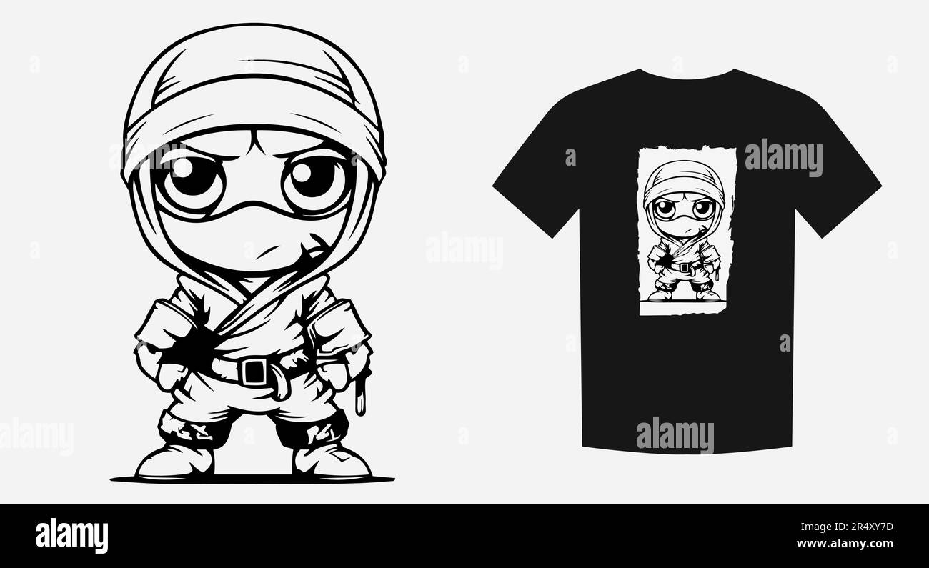 Enfant ninja joueur dans un style de dessin animé monochrome. Idéal pour les imprimés, les chemises et les logos. Expressif et aventureux. Illustration vectorielle. Illustration de Vecteur