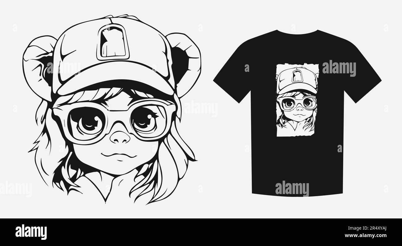 Portrait de dessin animé de style vintage d'une jolie fille dans une casquette avec des rabats et des lunettes. Parfait pour les imprimés, les chemises et les logos. Expressif et nostalgique Illustration de Vecteur