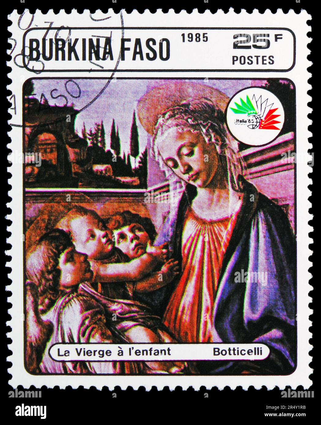 MOSCOU, RUSSIE - 18 MAI 2023: Timbre-poste imprimé au Burkina Faso montre Botticelli : Madonna et l'enfant et deux Anges, Timbre exposition ITALIA '85 Banque D'Images