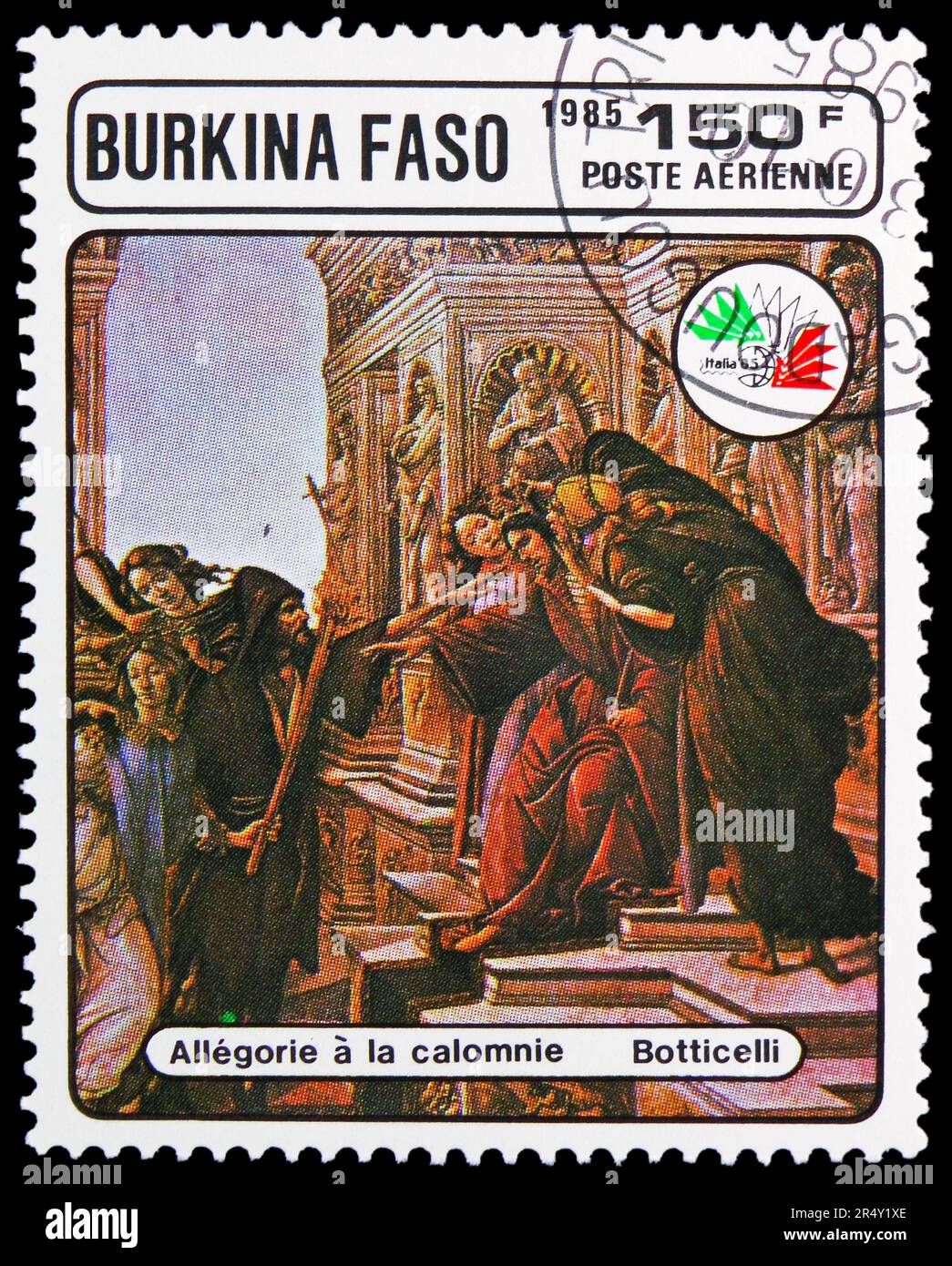 MOSCOU, RUSSIE - 18 MAI 2023: Timbre-poste imprimé au Burkina Faso montre Allegory of the Calumny, Timbres Exhibition ITALIA '85 série, vers 1985 Banque D'Images