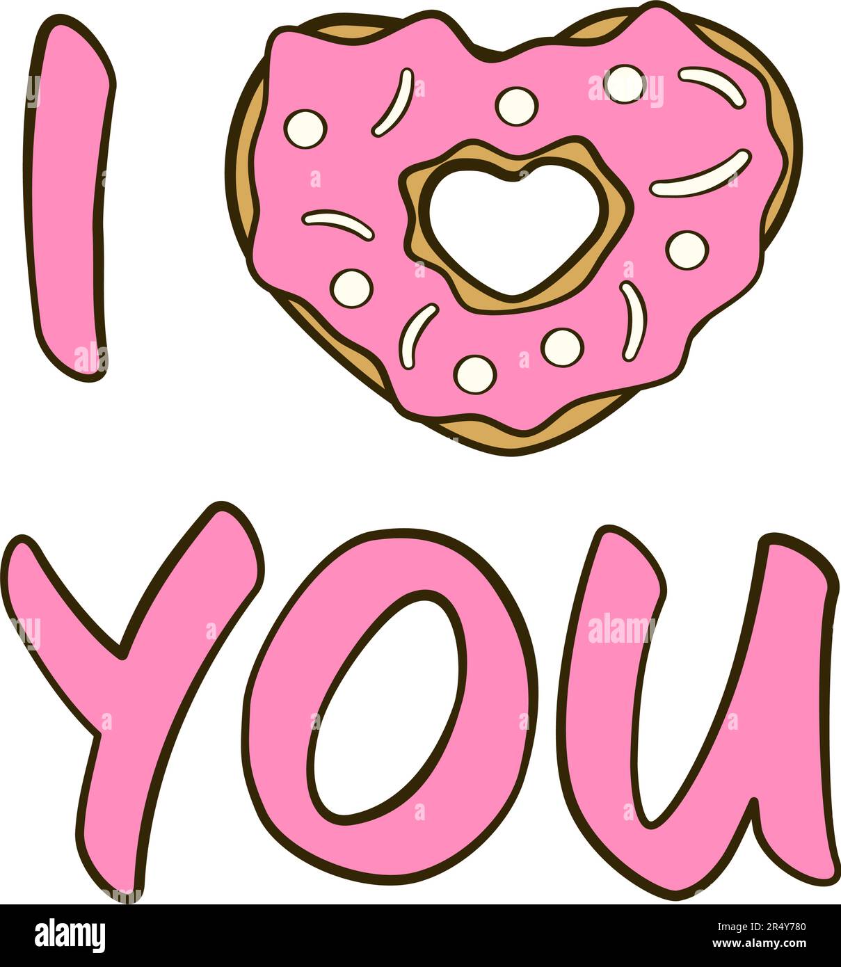 Je t'aime le lettrage avec un donut en forme de coeur. Icône de dessin animé plat. Illustration vectorielle Illustration de Vecteur