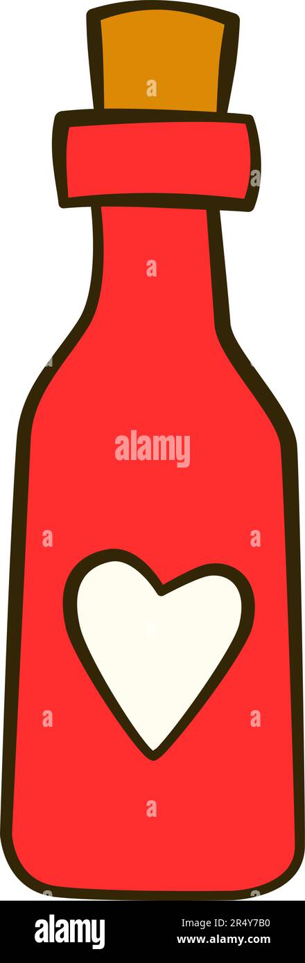 Bouteille rouge avec étiquette en forme de cœur blanche. Saint Valentin. Icône de dessin animé plat. Illustration vectorielle Illustration de Vecteur