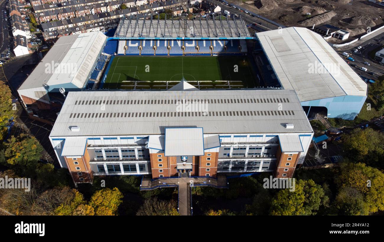 Vue aérienne du stade Hillsborough, stade du Sheffield Wednesday FC. Jusqu'en 1914, il s'appelait le stade Owlerton Banque D'Images