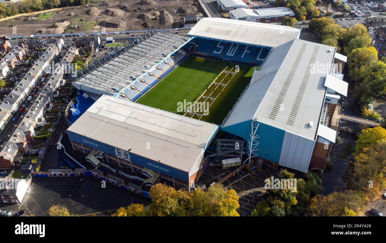 Vue aérienne du stade Hillsborough, stade du Sheffield Wednesday FC. Jusqu'en 1914, il s'appelait le stade Owlerton Banque D'Images