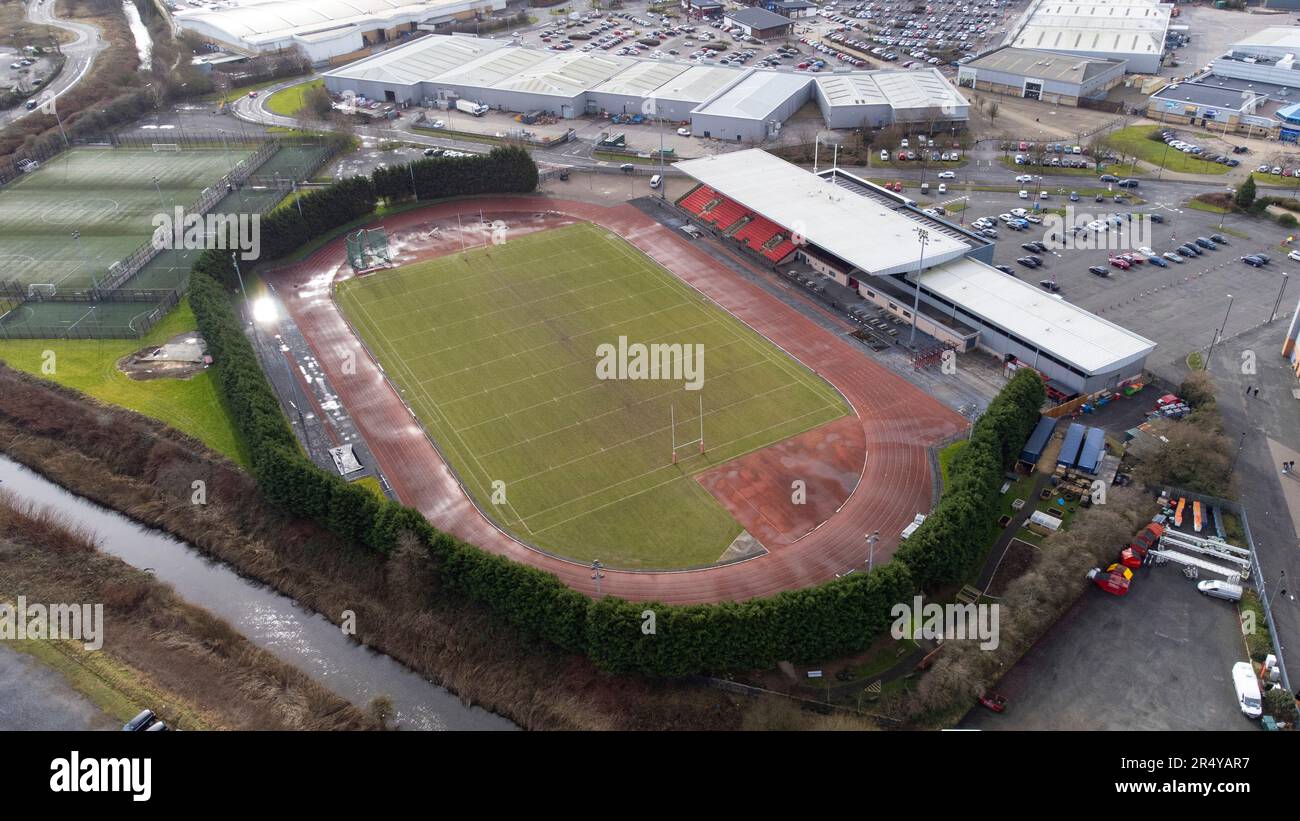 Vue aérienne de la Robin Park Arena, stade de Wigan Harriers AC. Banque D'Images