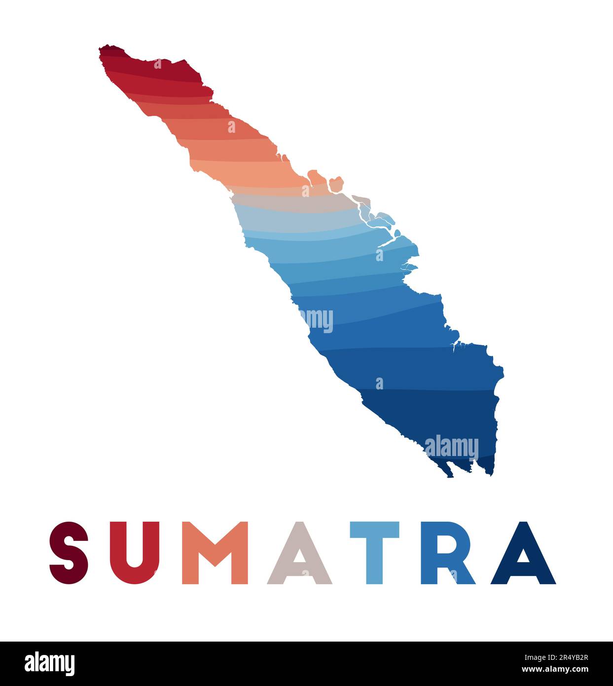 Carte de Sumatra. Carte de l'île avec de belles vagues géométriques dans les couleurs rouge et bleu. Forme Sumatra éclatante. Illustration vectorielle. Illustration de Vecteur