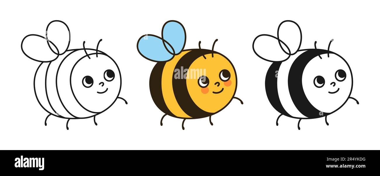 Bee miel smiley insectes personnages ensemble de dessin animé. BD childish honeybee personnages avec humoristique visage heureux. Adorable collection de motifs d'été à motif de lignes de symboles, caricature rétro simple kawaii vector Illustration de Vecteur