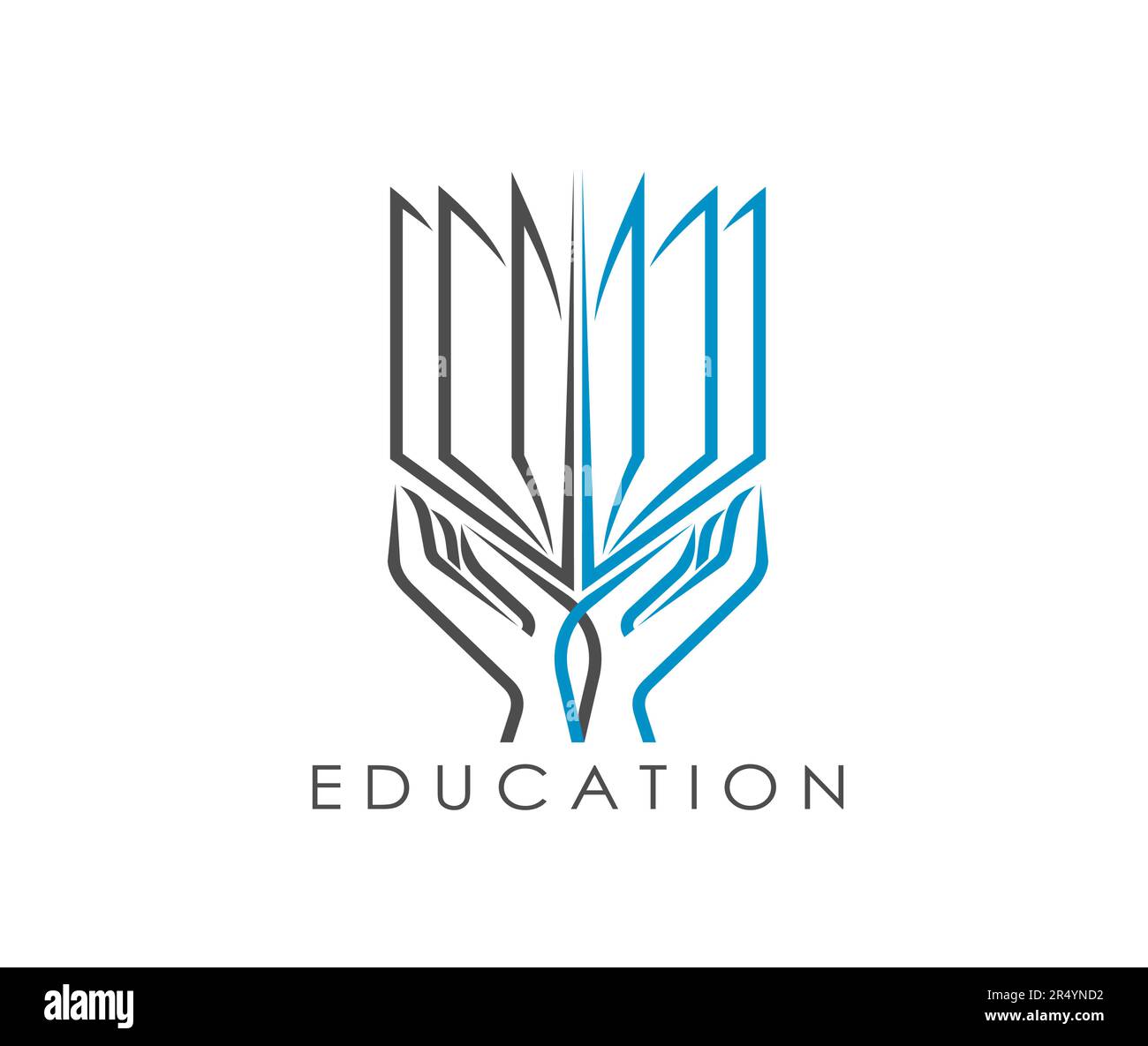 Icône de livre éducatif, bibliothèque ou livre de dictionnaire avec mains humaines, symbole de ligne vectorielle. Icône de livre d'éducation pour bibliothèque d'école ou d'université, librairie ou ebook application signe avec les pages ouvertes dans la main Illustration de Vecteur