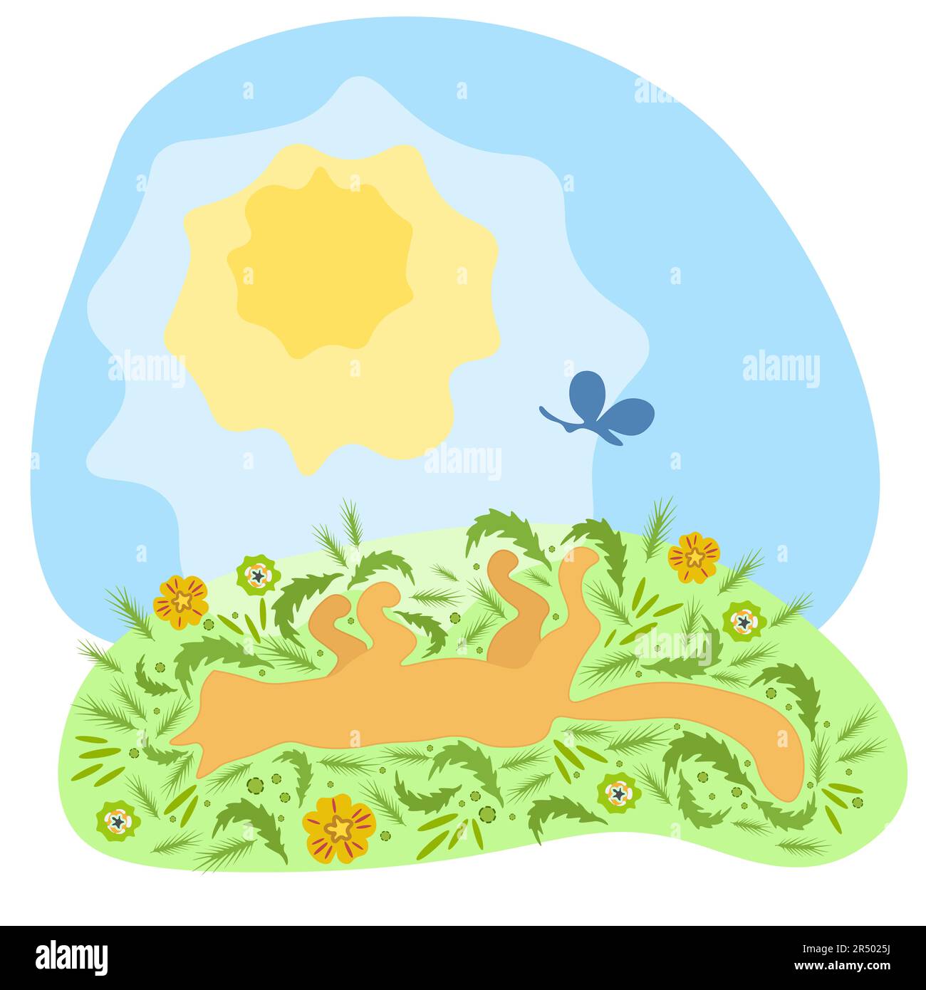 Chat rouge drôle couché dans l'herbe sous le soleil d'été Illustration de Vecteur
