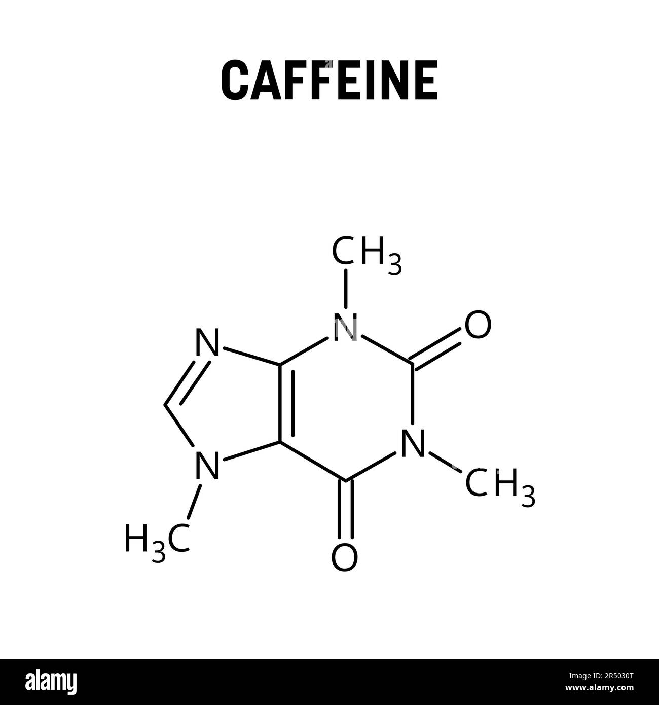 Structure moléculaire de la caféine. La caféine est un stimulant du système nerveux central utilisé comme stimulant cognitif, augmentant la vigilance et la performance attentionnelle. Formule structurale vectorielle de composé chimique. Illustration de Vecteur
