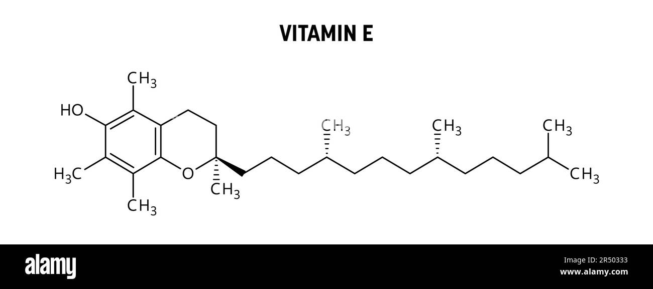 Structure moléculaire de la vitamine E. La vitamine E est un nutriment essentiel, soluble dans la graisse, aux propriétés anti-inflammatoires. Formule structurale vectorielle de composé chimique. Illustration de Vecteur