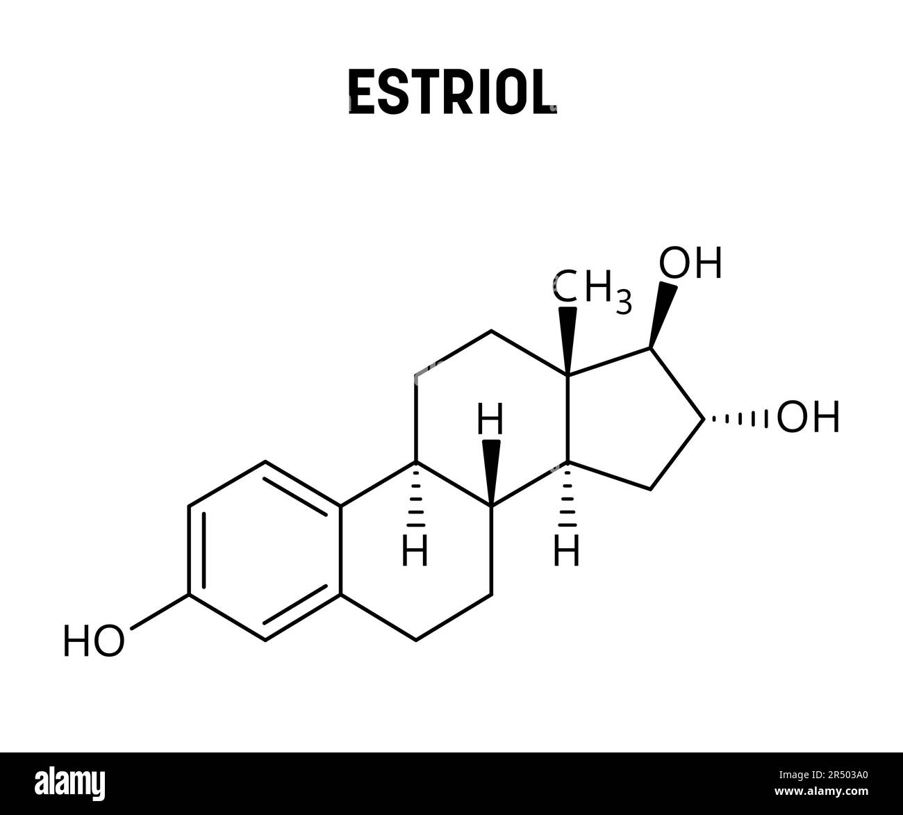 Structure moléculaire de l'estriol. L'estriol est un stéroïde, un œstrogène faible, et une hormone sexuelle féminine mineure. Formule structurale vectorielle de composé chimique. Illustration de Vecteur