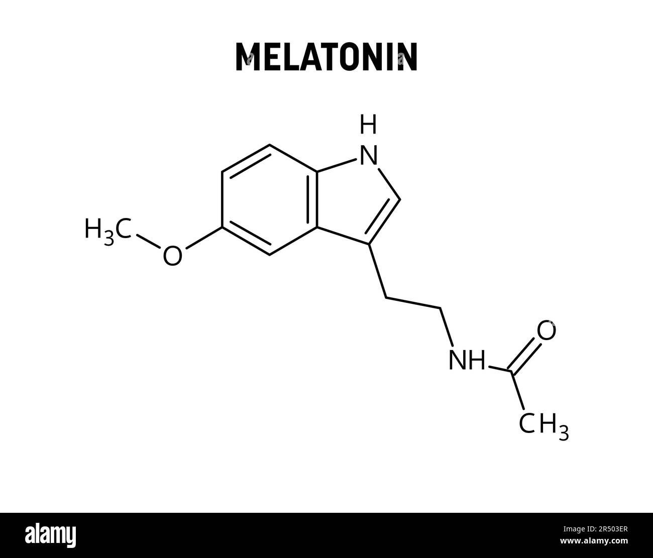 Structure moléculaire de la mélatonine. La mélatonine est une hormone contrôlant le cycle sommeil-réveil. Formule structurale vectorielle de composé chimique. Illustration de Vecteur